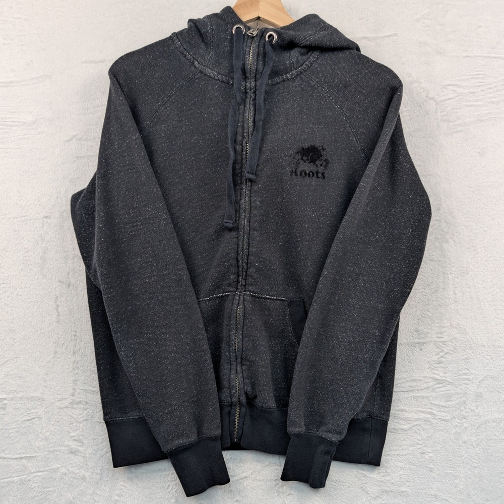 VTG Roots Hoodie Men's Large Black Salt and Pepper Full Zip Cabin Athleisure Y2K